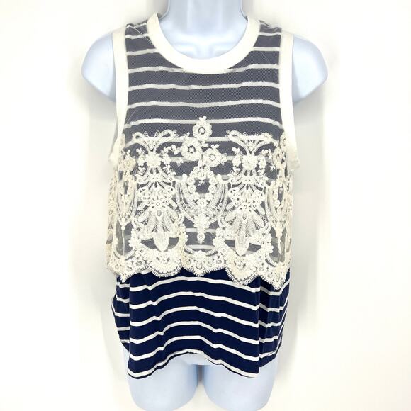 Anthropologie Postmark Natique Navy White Striped Lace Tank Top Size Small - Picture 2 of 9